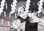  2021 2boys bangs black_nails commentary_request covering_another&#039;s_mouth dated evil_smile extra_eyes eyelashes facial_tattoo fingernails fushiguro_megumi green_eyes hair_between_eyes high_collar highres holding_hands jacket jujutsu_kaisen long_sleeves looking_at_viewer male_focus monochrome multiple_boys paper red_eyes ryoumen_sukuna_(jujutsu_kaisen) sato_zero915 short_hair smile spiked_hair spot_color tattoo twitter_username undercut yaoi 