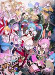  4girls 6+girls :d alice_in_wonderland animal_ears argyle argyle_hat argyle_pantyhose bangs black_headwear black_thighhighs blonde_hair blue_eyes cat_ears cat_tail chess_piece chromatic_aberration commentary cup daiye_(kkmcndsf) dress fake_animal_ears food frilled_gloves frilled_thighhighs frills gloves green_dress green_hair grey_pantyhose hair_ornament hat hatsune_miku highres holding_watch kagamine_len kagamine_rin kaito_(vocaloid) kusanagi_nene long_hair megurine_luka meiko mikudayoo muffin multiple_girls nenerobo ootori_emu pantyhose pink_dress pink_eyes pink_gloves pink_hair plate pocket_watch pom_pom_(clothes) pom_pom_hair_ornament project_sekai pudding puffy_short_sleeves puffy_sleeves purple_eyes purple_hair rabbit_ears red_gloves red_pantyhose robot sakurako_(project_sekai) short_sleeves smile tail teacup teapot thighhighs top_hat twintails two_side_up very_long_hair vocaloid watch white_dress wonderlands_x_showtime_(project_sekai) yellow_dress yellow_eyes 