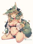  1girl animal_ear_fluff animal_ears bare_shoulders barefoot black_ribbon breasts cleavage commentary_request green_eyes green_hair hair_between_eyes hair_ribbon highres kuromiya kuromiya_raika large_breasts long_hair looking_at_viewer multicolored_hair navel orange_hair original ribbon simple_background sitting solo tail thighs twitter_username two-tone_hair wariza white_background 