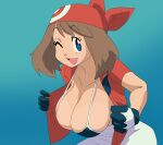  1girl absurdres bandana bikini blue_bikini blue_eyes blue_gloves breasts brown_hair cleavage gloves hanging_breasts highres huge_breasts inker_comics large_breasts looking_at_viewer may_(pokemon) medium_hair one_eye_closed open_clothes open_mouth open_shirt pokemon pokemon_(anime) pokemon_(game) pokemon_rse red_bandana red_shirt shirt short_sleeves smile solo swimsuit teasing white_gloves 