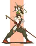  1boy 1girl arm_guards armor asymmetrical_legwear bangs breasts brown_eyes brown_hair carrying chest_strap fighting_stance final_fantasy final_fantasy_vii final_fantasy_vii_remake finger_to_own_chin fingerless_gloves fishnet_thighhighs fishnets full_body gloves green_pants green_shirt grey_shorts grin hair_between_eyes hair_slicked_back headband highres holding holding_polearm holding_shuriken holding_weapon japanese_armor leg_warmers looking_at_viewer looking_to_the_side medium_breasts orange_footwear orange_gloves over_shoulder pants parted_bangs piggyback pillarboxed polearm shirt shoes short_hair short_sleeves shorts shoulder_armor sleeveless sleeveless_turtleneck smile sneakers sonon_kusakabe teeth thighhighs thighs turtleneck twitter_username weapon weapon_over_shoulder you_(blacknwhite) yuffie_kisaragi 