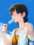  1girl artist_name black_hair blue_eyes blue_sky cloud commentary_request food holding holding_food original outdoors popsicle rai_miruku shirt short_hair short_sleeves short_twintails sky solo sweat twintails twitter_username upper_body watermark white_shirt 