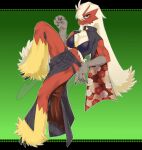  &diams; abs absurd_res anthro blaziken blonde_hair blue_eyes breasts chest_tuft cigarette claws cleavage clothed clothing collar female floral_print fur gradient_background green_background hair hi_res holding_cigarette holding_object kirari_mica leaning leaning_back leg_spurs long_hair looking_at_viewer nintendo one_leg_up pok&eacute;mon pok&eacute;mon_(species) raised_leg red_body red_fur ring_(jewelry) scales scuted_arms scuted_feet scuted_hands simple_background solo suit_symbol tongue tongue_out topwear tuft vest video_games yellow_body yellow_fur 