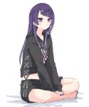  1girl asymmetrical_bangs bangs barefoot black_hoodie black_shorts blunt_bangs blush crop_top diagonal_bangs earrings expressionless full_body hood hoodie idolmaster idolmaster_shiny_colors indian_style jewelry long_hair looking_at_viewer nail_polish purple_eyes purple_hair shiroshi_(denpa_eshidan) shorts simple_background sitting solo straight_hair tanaka_mamimi toenail_polish toenails white_background 