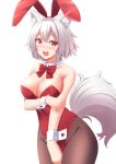  1girl absurdres animal_ear_fluff animal_ears asahina_mikuru asahina_mikuru_(cosplay) bare_shoulders bow bowtie breasts brown_pantyhose cleavage commentary_request cosplay detached_collar fake_animal_ears highres inubashiri_momiji large_breasts leotard looking_at_viewer open_mouth pantyhose playboy_bunny rabbit_ears red_bow red_bowtie red_eyes red_leotard short_hair solo suzumiya_haruhi_no_yuuutsu tail tokyo_yamane touhou white_hair wolf_ears wolf_girl wolf_tail 