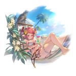 1boy 1girl alpha_transparency animal_ears bangs barefoot beach belt bikini bikini_skirt blue_hair blush breasts bridal_garter brown_eyes cleavage closed_mouth cloud crab crossed_legs cup day drang_(granblue_fantasy) draph drinking_glass drinking_straw earrings erune flower front-tie_top granblue_fantasy hair_flower hair_ornament hammock holding horns jewelry large_breasts minaba_hideo navel official_art outdoors palm_tree pointy_ears purple_flower red_hair sand short_hair sideboob sky solo starfish sturm_(granblue_fantasy) swimsuit sword transparent_background tree tropical_drink underboob weapon white_bikini white_flower yellow_flower 