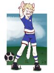  anthro ball clothing eyes_closed fangs_bared felid feline hands_over_head male mammal soccer soccer_ball soccer_uniform solo sport sportswear teenager uniform young 