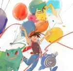  1boy :d arms_up backwards_hat balloon belt belt_buckle blue_pants brown_belt buckle bulbasaur closed_eyes commentary_request confetti happy hat highres jacket male_focus open_clothes open_jacket open_mouth pants pikachu plant pokemon pokemon_(creature) pokemon_adventures poliwhirl red_(pokemon) red_headwear sakanobo_(sushi1021) shirt shoes short_hair smile spiked_hair teeth tongue upper_teeth vines 