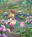  1girl alice_(rune_factory) blonde_hair blush_stickers brown_footwear closed_mouth flower green_eyes highres hina_cassiopeia leaf_umbrella lily_pad monster outdoors pink_flower pink_socks plant rain rune_factory rune_factory_5 smile socks squatting 