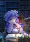  1girl bangs blue_bow book book_stack bookshelf bow crescent crescent_hat_ornament dress hat hat_ornament highres patchouli_knowledge purple_eyes purple_hair reading red_ribbon ribbon solo striped striped_dress touhou tyasuzu 