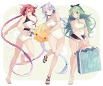  3girls aqua_eyes bare_arms bare_legs bare_shoulders barefoot black_ribbon blue_eyes blush bottle braid breasts cleavage cleavage_cutout closed_mouth clothing_cutout full_body green_hair hair_flaps hair_ribbon hairband holding holding_bottle kantai_collection kawakaze_(kancolle) kawakaze_kai_ni_(kancolle) large_breasts long_hair mole mole_under_eye multiple_girls one-piece_swimsuit open_mouth ponytail red_hair ribbon sandals shakemi_(sake_mgmgmg) single_braid smile swimsuit twin_braids umikaze_(kancolle) umikaze_kai_ni_(kancolle) white_background white_hair white_hairband white_swimsuit yamakaze_(kancolle) yamakaze_kai_ni_(kancolle) yellow_eyes 