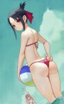  2girls arm_up ass ball beachball bell bikini black_bow black_hair blue_sky bow closed_mouth cloud day folded_ponytail from_behind fujiwara_chika hair_bow hair_ribbon highres holding holding_bell kaguya-sama_wa_kokurasetai_~tensai-tachi_no_renai_zunousen~ long_hair looking_at_viewer looking_back multiple_girls pink_hair red_bikini red_eyes red_ribbon ribbon shinomiya_kaguya short_hair sidelocks sky summer swimsuit white_bikini zefrableu 