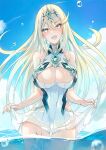  1girl bangs bare_legs bare_shoulders blonde_hair breasts chest_jewel cleavage cleavage_cutout clothing_cutout dress earrings elbow_gloves gloves inoue_takuya_(tactactak) jewelry large_breasts long_hair mythra_(xenoblade) short_dress solo swept_bangs thigh_strap tiara very_long_hair white_dress white_gloves xenoblade_chronicles_(series) xenoblade_chronicles_2 yellow_eyes 