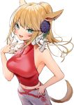  1girl absurdres animal_ears avatar_(ff14) bangs black_nails blonde_hair breasts cat_ears cat_girl cat_tail final_fantasy final_fantasy_xiv fingernails flower green_eyes hair_flower hair_ornament hand_on_hip highres itohana large_breasts looking_at_viewer midriff miqo&#039;te nail_polish navel pants ponytail short_hair simple_background sleeveless slit_pupils solo tail white_background white_pants 