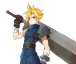  1boy armor bandaged_arm bandages belt blonde_hair blue_eyes blue_pants blue_shirt buster_sword cloud_strife cowboy_shot earrings final_fantasy final_fantasy_vii gloves hair_between_eyes holding holding_sword holding_weapon jewelry looking_to_the_side male_focus mare_(pixiv) over_shoulder pants shirt short_hair shoulder_armor single_earring sleeveless sleeveless_turtleneck solo spiked_hair suspenders sword turtleneck weapon weapon_over_shoulder white_background 