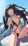  1girl architect_(girls&#039;_frontline) architect_(type_nvw)_(girls&#039;_frontline) bangs black_gloves black_hair black_swimsuit blue_sky breasts double_v elbow_gloves fingerless_gloves girls&#039;_frontline gloves grin highres long_hair looking_at_viewer lynchis medium_breasts navel one_side_up purple_eyes sitting sitting_on_rock sky smile solo swimsuit v 