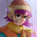  1girl bangs blunt_bangs bob_cut chrono_trigger fumezu1 glasses green_shirt grey_background grey_eyes hair_between_eyes hat headset looking_at_viewer lucca_ashtear orange_tunic portrait purple_hair scarf shirt short_hair smile solo yellow_scarf 