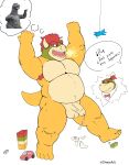  2022 absurd_res aircraft airplane anthro armpit_hair balls bodily_fluids body_hair bowser bowser_jr. car cum dialogue eeveecholo genital_fluids genitals godzilla_(series) hi_res humanoid_genitalia humanoid_hands humanoid_penis koopa lego male mario_bros musclegut nintendo penis scalie spanish_text text toho toy vehicle video_games 