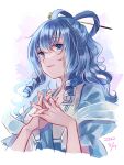  1girl blue_eyes blue_hair cropped_torso drill_hair drill_locks hair_ornament hair_rings hair_stick highres interlocked_fingers kaku_seiga m_(neteitai10) own_hands_clasped own_hands_together ringlets signature solo steepled_fingers touhou twin_drills upper_body 