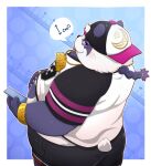  2022 96panda absurd_res anthro belly big_belly black_nose blush bottomwear butt clothing giant_panda hat headgear headwear hi_res humanoid_hands kemono lifewonders male mammal overweight overweight_male purple_body ruler shirt shorts solo tokyo_afterschool_summoners tongue tongue_out topwear ursid video_games white_body 