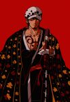  1boy absurdres black_hair black_kimono chest_tattoo eeju facial_hair hand_under_clothes haori hat highres holding holding_sword holding_weapon japanese_clothes kimono male_focus mouth_hold one_piece red_background sash shaded_face sheath sheathed short_hair solo stalk_in_mouth sword tattoo trafalgar_law weapon 
