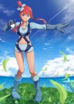  1girl absurdres blue_eyes blue_footwear blue_gloves blue_jacket blue_shorts blurry boots closed_mouth cloud commentary_request cropped_jacket day falling_leaves full_body gloves hair_ornament highres holding holding_poke_ball jacket leaf looking_at_viewer midriff one_side_up ouna_harukaze outdoors outstretched_arm pigeon-toed poke_ball poke_ball_(basic) pokemon pokemon_(game) pokemon_bw short_hair_with_long_locks short_shorts shorts sidelocks sky skyla_(pokemon) smile solo standing water 