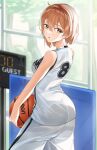  1girl ass ball bangs basketball blurry blurry_background breasts brown_hair commentary_request depth_of_field from_behind hair_between_eyes highres holding holding_ball looking_at_viewer looking_back medium_breasts original parted_lips shirt short_hair shorts sleeveless sleeveless_shirt solo tapioka_(oekakitapioka) white_shirt white_shorts window yellow_eyes 