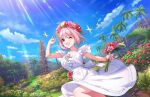  1girl ;d blue_hair blue_sky blush bob_cut cloud cross-laced_clothes dress field flower flower_field head_wreath holding holding_flower idolmaster idolmaster_cinderella_girls idolmaster_cinderella_girls_starlight_stage light_rays looking_at_viewer multicolored_hair official_art one_eye_closed outdoors pale_skin pink_eyes pink_hair sky smile solo sparkle sunlight two-tone_hair when_you_see_it white_dress yumemi_riamu 