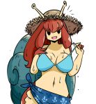  1girl :d bangs bare_arms bare_shoulders bikini bikini_top_only blue_bikini breasts brown_hair commentary eyes_visible_through_hair hat highres large_breasts long_hair looking_at_viewer monster_girl murgoten navel open_mouth original sarong simple_background smile snail_girl snail_shell solid_circle_eyes solo stomach straw_hat sweat swimsuit symbol-only_commentary white_background 