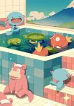  black_eyes bright_pupils closed_eyes commentary fangs fish highres indoors jauni_(tofublock) lotad magikarp open_mouth pokemon pokemon_(creature) relaxing ripples slowpoke stairs tile_floor tiles towel towel_on_head water white_pupils wooper 