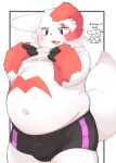  2022 anthro belly big_belly blush bodily_fluids bulge clothed clothing clothing_lift kemono male moobs navel nintendo overweight overweight_male pok&eacute;mon pok&eacute;mon_(species) red_body rokacake shirt shirt_lift solo sweat topwear underwear video_games white_body zangoose 