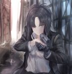  1girl absurdres aiming angelia_(girls&#039;_frontline) bangs black_hair black_jacket breasts brown_eyes collared_shirt commentary_request expressionless girls&#039;_frontline gun hair_over_one_eye handgun highres holding holding_gun holding_weapon jacket long_hair long_sleeves looking_at_viewer martinreaction mechanical_arms medium_hair open_clothes open_jacket outdoors parted_lips shirt sidelocks single_mechanical_arm solo upper_body weapon white_shirt 