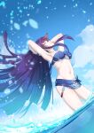  1girl ^_^ absurdres armpits arms_up bandeau bangs bare_arms bikini blue_bikini blue_sky blunt_bangs caisena chinese_commentary closed_eyes cloud commentary_request day highres honkai_(series) honkai_impact_3rd long_hair navel parted_lips purple_hair raiden_mei sarong sky solo standing stomach strapless strapless_bikini swimsuit thighs very_long_hair wading water 