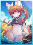  2022 absurd_res anthro blue_eyes blush breasts brown_hair canid canine choker clothed clothing cloud crop_top day female female_anthro fox fur hair hi_res horn hyrika inner_ear_fluff jewelry kemono looking_at_viewer mammal multicolored_body multicolored_fur multicolored_tail navel necklace orange_body orange_fur outside panties partially_submerged pattern_clothing pattern_underwear pink_body pink_fur portrait shirt sky small_breasts solo striped_clothing striped_underwear stripes tan_body tan_fur three-quarter_portrait topwear tuft under_boob underwear water white_body white_fur 