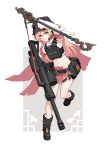  1girl absurdres antlers armor baseball_cap belt black_belt black_footwear black_headwear boots breastplate english_commentary genshin_impact green_eyes gun hat headset highres holding holding_gun holding_staff holding_weapon long_hair midriff navel pink_hair red_skirt skirt smile solo staff vectorek very_long_hair weapon yanfei_(genshin_impact) 