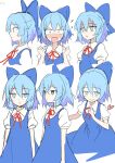  1girl blue_bow blue_dress blue_eyes blue_hair blush bow cirno closed_mouth collared_shirt dress e.o. fairy hair_between_eyes hair_bow heart highres multiple_views open_mouth puffy_short_sleeves puffy_sleeves shirt short_hair short_sleeves simple_background sketch smile touhou white_background white_shirt 