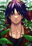  1boy bandana bangs black_shirt blue_hair chrono_cross collarbone jewelry leaf looking_at_viewer male_focus necklace outdoors parted_bangs plant portrait purple_eyes red_bandana serge_(chrono_cross) shirt short_hair smile solo yasshan 