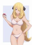  1girl absurdres ball bikini blonde_hair breasts cleavage commentary_request cowboy_shot cynthia_(pokemon) hair_ornament hair_over_one_eye highres holding holding_ball holding_poke_ball long_hair looking_at_viewer medium_breasts nijizuki_shino poke_ball pokemon pokemon_(game) pokemon_dppt smile solo standing swimsuit very_long_hair wavy_hair white_bikini yellow_eyes 