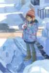  black_eyes black_hair blue_coat boots brown_footwear coat day footprints knit_hat original outdoors pantyhose railing red_headwear red_mittens shadow snow snowball standing winter yeyuan33 