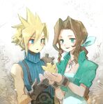 1boy 1girl 1other aerith_gainsborough alternate_color animal armor bangle bangs bare_arms belt bird blonde_hair blue_eyes blue_shirt blush bracelet braid braided_ponytail breasts brown_gloves brown_hair chick chocobo choker cleavage cloud_strife cropped_jacket dress final_fantasy final_fantasy_vii gloves green_dress green_eyes green_jacket green_ribbon hair_between_eyes hair_ribbon holding holding_animal holding_bird jacket jewelry long_hair looking_at_another mare_(pixiv) medium_breasts outdoors parted_bangs parted_lips ribbon shirt short_hair short_sleeves shoulder_armor sidelocks sleeveless sleeveless_turtleneck smile spiked_hair suspenders turtleneck upper_body 