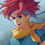  1boy artist_name blue_tunic chrono_trigger crono_(chrono_trigger) fang fumezu1 green_shirt headband highres lower_teeth male_focus open_mouth portrait red_hair scarf shirt smile solo spiked_hair teeth thick_eyebrows upper_teeth white_headband yellow_scarf 