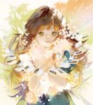  1girl :o brown_hair bug butterfly deemo flower girl_(deemo) hands_up highres long_hair looking_at_viewer niwa_haruki petals piano_keys sheet_music solo standing very_long_hair white_butterfly 