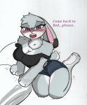  anthro big_breasts blush bottomwear breasts clothing disney english_text female hotpants judy_hopps lagomorph leporid mammal pace-maker pillow rabbit shirt shorts solo tank_top text thick_thighs tired topwear zootopia 