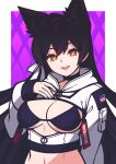  absurdres alternate_costume american_flag animal_ears atago_(azur_lane) azur_lane bacon_strips black_hair breasts brown_eyes choker commission dog_ears highres long_hair looking_at_viewer medium_breasts remove_before_flight_tag shrug_(clothing) simple_background smile 
