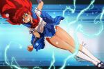  1980s_(style) 1girl absurdres blue_sky brown_eyes clenched_hands clothes_lift derivative_work electricity english_commentary flying_kick fritz_willie full_body grimace highres kicking kneehighs legs legs_together long_hair magami_eiko mary_janes project_a-ko red_hair retro_artstyle school_uniform screencap_redraw serafuku shoes skirt skirt_lift sky socks solo tan teeth w_arms white_socks wind wind_lift 