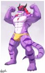  abs anthro clothed clothing hi_res horn kamyuelo male muscular muscular_anthro muscular_male partially_clothed pecs purple_body purple_stripes scalie solo striped_body stripes 