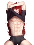  abs bangs black_male_underwear black_shirt crossed_bangs diluc_(genshin_impact) genshin_impact hair_between_eyes highres long_hair low_ponytail male_underwear muscular muscular_male navel pectorals red_eyes red_hair rourouki shirt simple_background underwear undressing white_background 