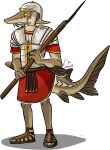  anthro armor brown_body brown_tail clothing dot_eyes fin fish footwear glistening glistening_eyes holding_object holding_spear holding_weapon imperatorcaesar male marine melee_weapon polearm sandals shadow signature simple_background solo spear tail_fin tan_body tan_tail weapon white_background 