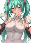  1girl 3: alternate_breast_size bangs bare_shoulders blush breasts closed_mouth collarbone detached_sleeves fingernails frown green_eyes green_hair green_nails grey_shirt hatsune_miku highres inue_ao large_breasts long_fingernails long_hair long_sleeves nail_polish shirt simple_background solo twintails upper_body very_long_hair vocaloid white_background 