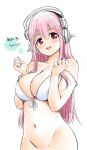  1girl :d bangs bare_arms bikini blush bottomless breasts character_name cleavage collarbone front-tie_bikini front-tie_top groin hair_between_eyes hamao headphones large_breasts long_hair looking_at_viewer navel nitroplus open_mouth pink_hair red_eyes ribbon shiny shiny_hair sketch smile solo standing straight_hair strap_slip super_sonico swimsuit very_long_hair white_background white_bikini white_ribbon 
